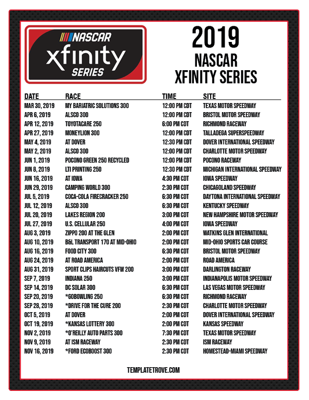 Printable 2019 NASCAR Schedule