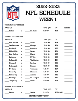 Printable 2022-2023 NFL Schedule Week 1