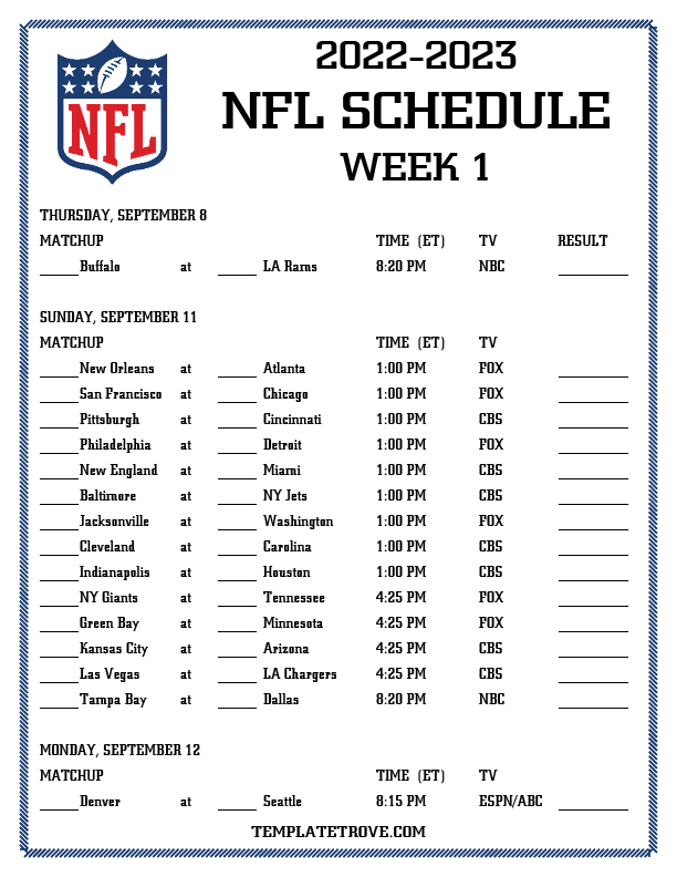 Printable 20222023 NFL Schedule Week 1