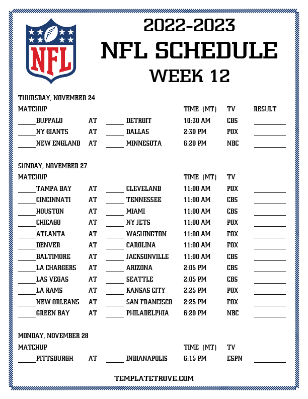 Printable 20222023 NFL Schedule Week 12