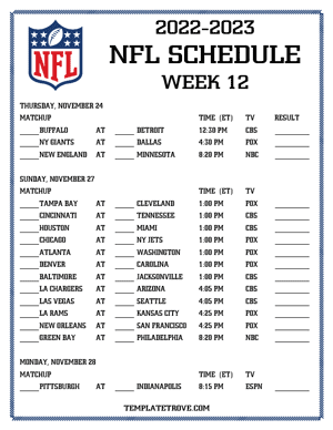 Printable 2022-23 NFL Schedule Week 12