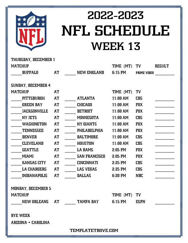 Printable 20222023 NFL Schedule Week 13