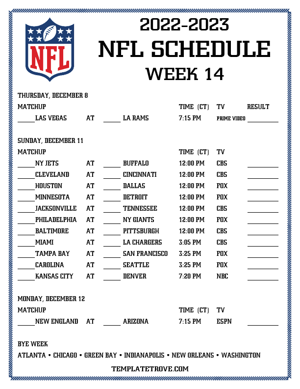 Printable 20222023 NFL Schedule Week 14