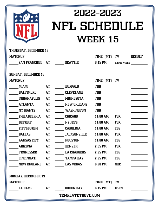 Printable 20222023 NFL Schedule Week 15