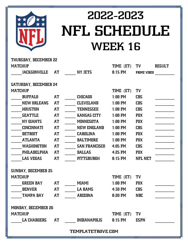 Printable 20222023 NFL Schedule Week 16