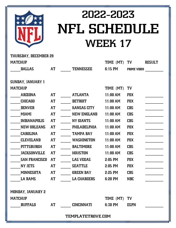 Printable 20222023 NFL Schedule Week 17