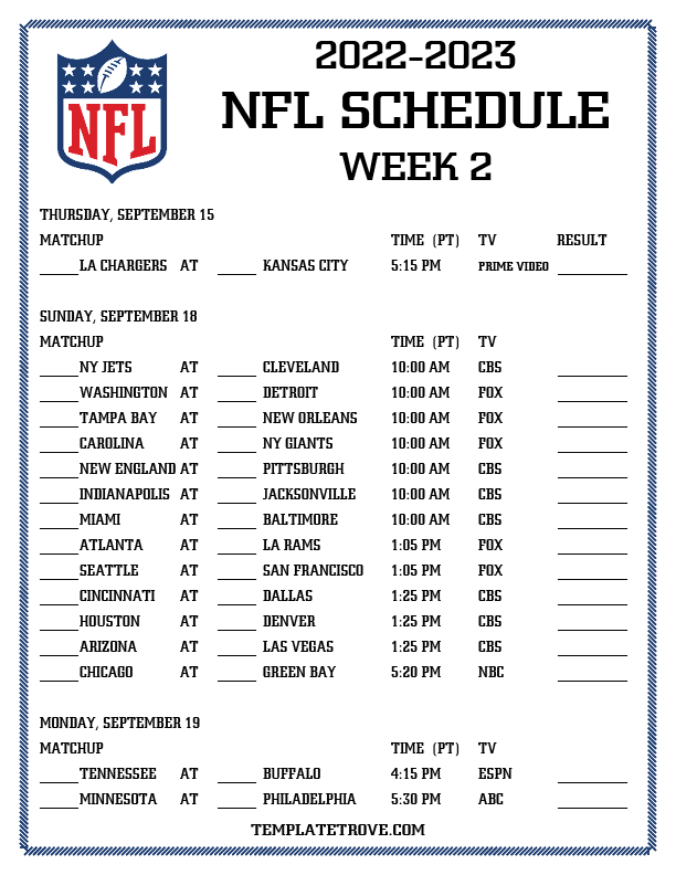 Printable 20222023 NFL Schedule Week 2