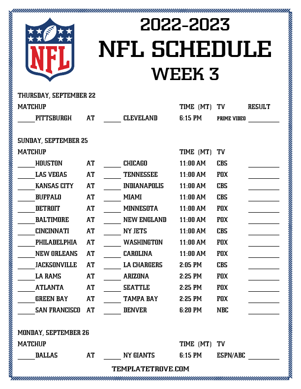 Printable 2022 2023 NFL Schedule Week 3