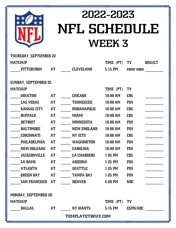 Printable 2022-2023 NFL Schedule Week 3