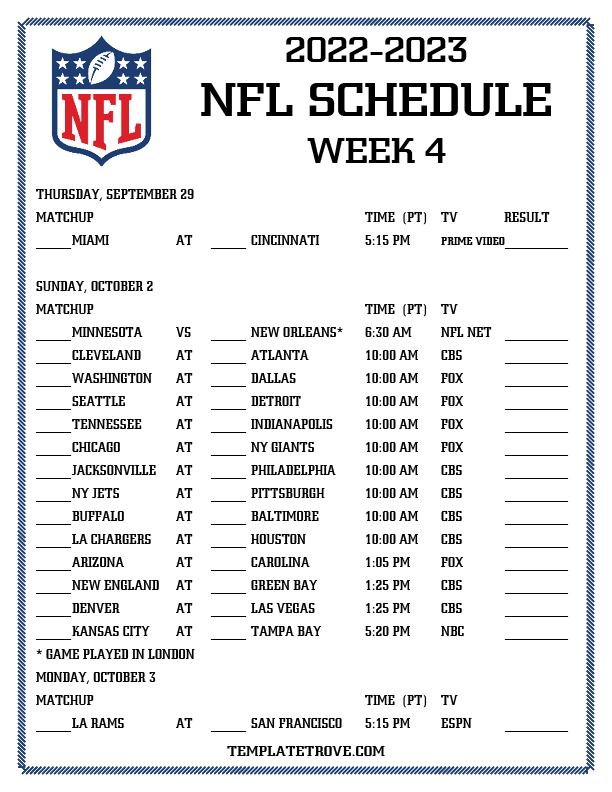 Nfl Schedule Week 4 Printable Printable World Holiday