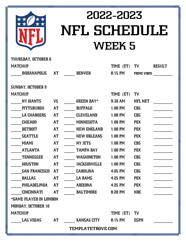 Printable 20222023 NFL Schedule Week 5