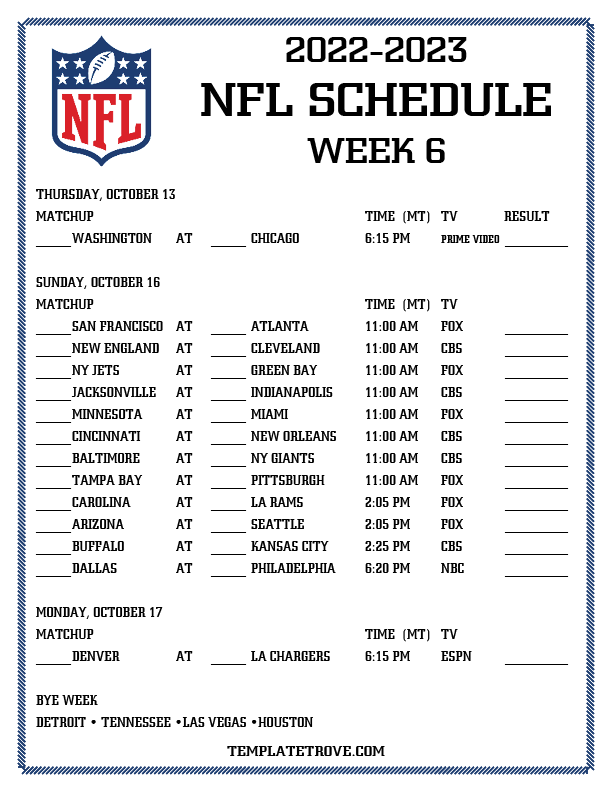 Printable 2022 2023 NFL Schedule Week 6