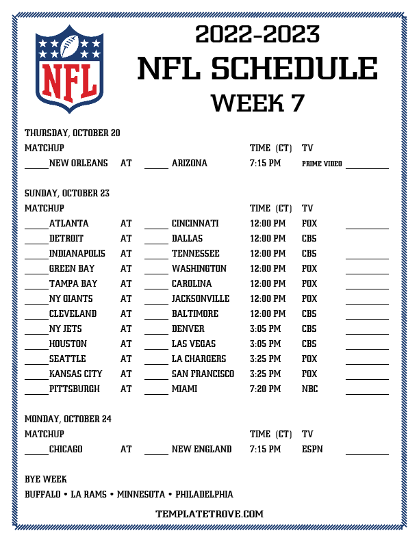 Printable 20222023 NFL Schedule Week 7