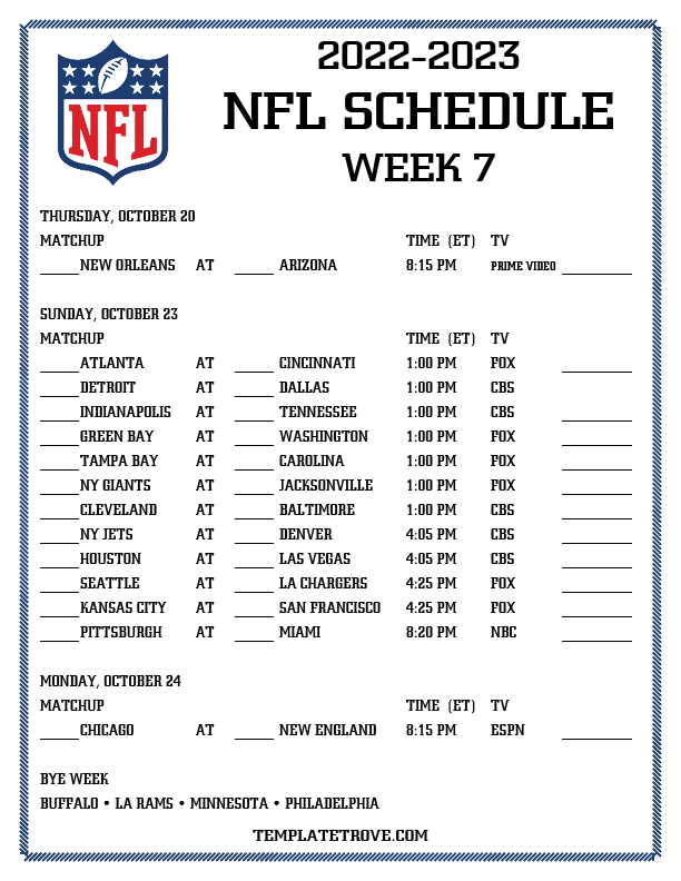 Nfl Week 7 Printable Schedule