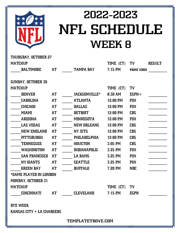 Printable 20222023 NFL Schedule Week 8