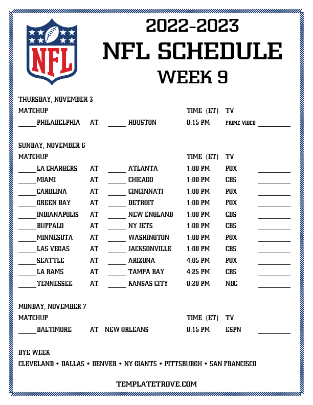 Printable 20222023 NFL Schedule Week 9