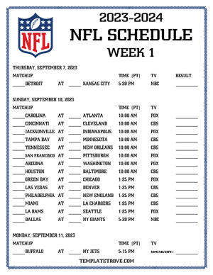 Printable 2023-24 NFL Schedule Week 1 - Pacific Times
