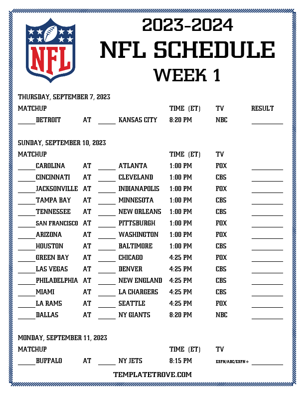 Printable 2023 2024 NFL Schedule Week 1
