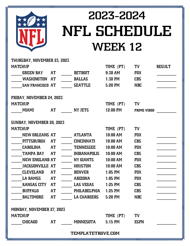 Printable 20232024 NFL Schedule Week 12