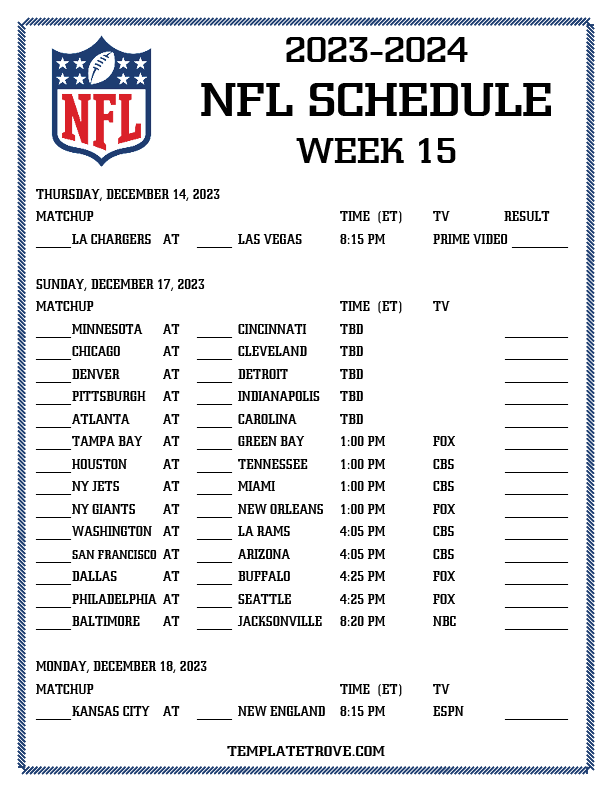 Printable 20232024 NFL Schedule Week 15