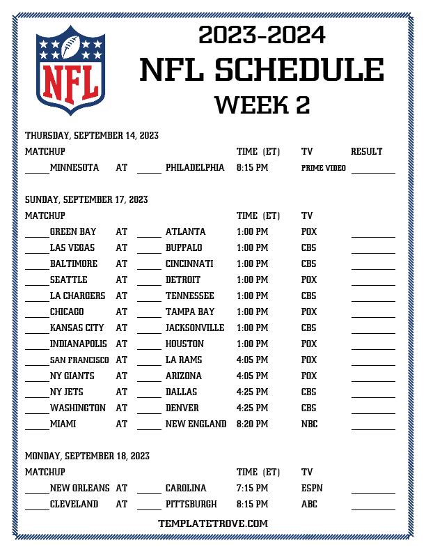Printable 2023 2024 NFL Schedule Week 2