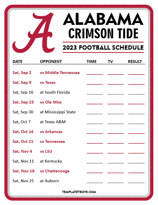 Printable 2023 Alabama Crimson Tide Football Schedule