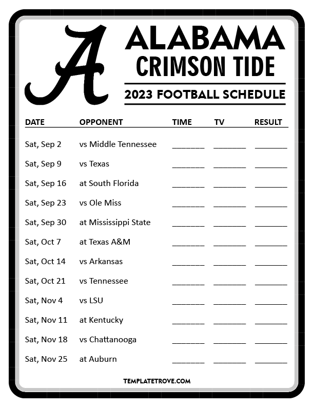 Printable 2023 Alabama Crimson Tide Football Schedule