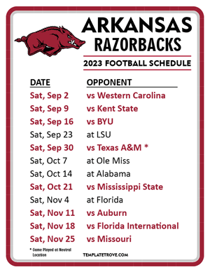 Arkansas Razorbacks Football 2023 Printable Schedule