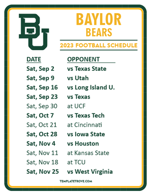 Baylor Bears Football 2023 Printable Schedule