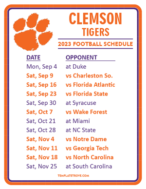 Clemson Tigers Football 2023 Printable Schedule