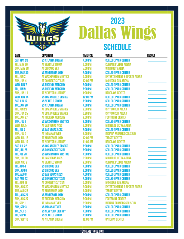 Printable2023 Dallas Wings Basketball Schedule