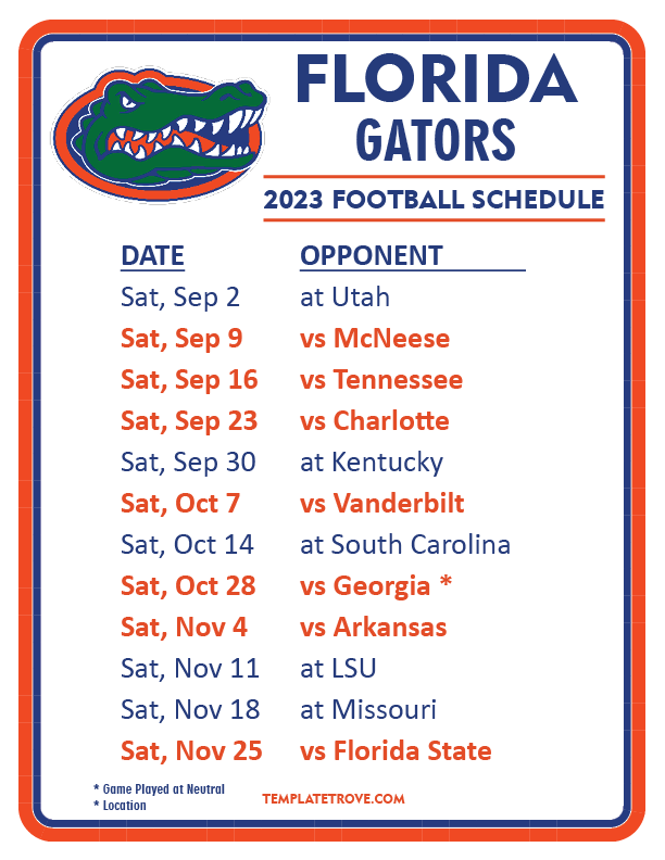 Printable 2023 Florida Gators Football Schedule