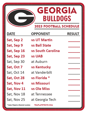 Georgia Bulldogs Football 2023 Printable Schedule  - Style 2