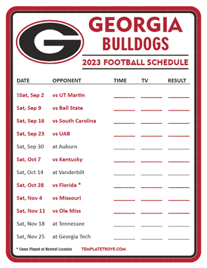 Georgia Bulldogs Football 2023 Printable Schedule - Style 3