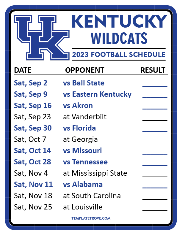 Printable 2023 Kentucky Wildcats Football Schedule