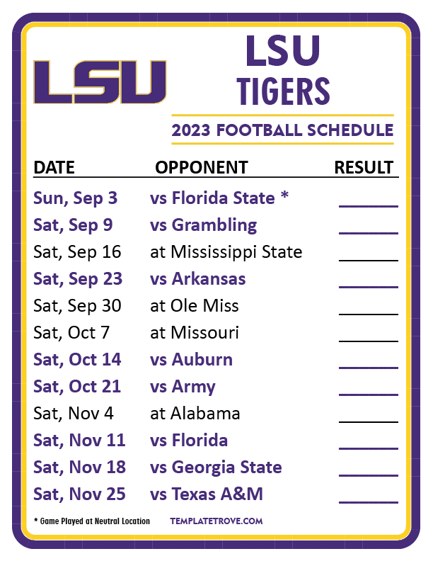 Printable 2023 LSU Tigers Football Schedule