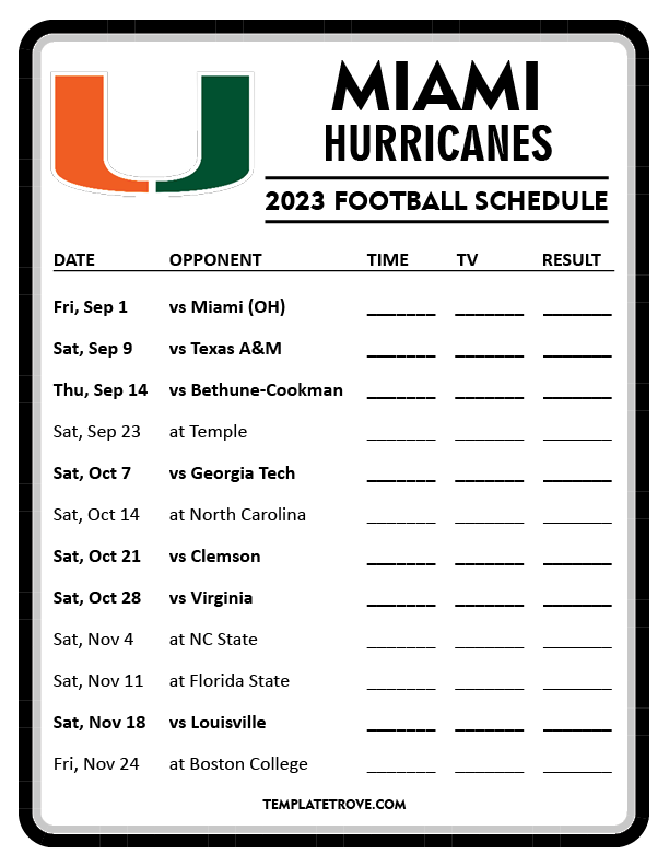 Printable 2023 Miami Hurricanes Football Schedule Printable 2023 Miami Hurricanes Football Schedule