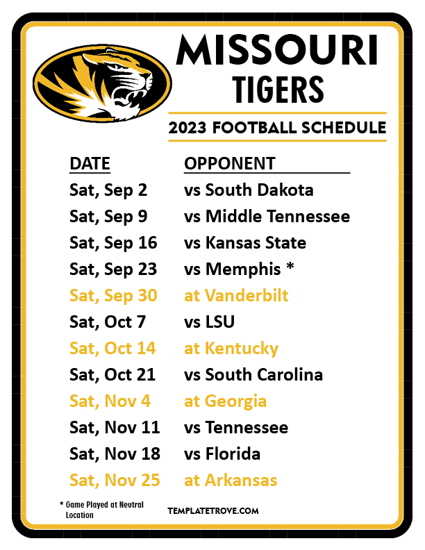 Printable 2023 Missouri Tigers Football Schedule