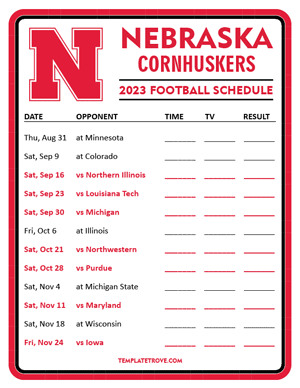 Nebraska Cornhuskers Football 2023 Printable Schedule - Style 3