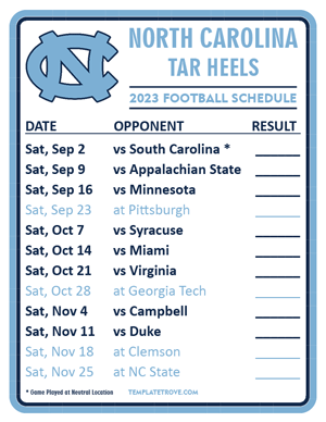 North Carolina Tar Heels Football 2023 Printable Schedule  - Style 2