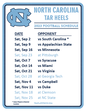 North Carolina Tar Heels Football 2023 Printable Schedule