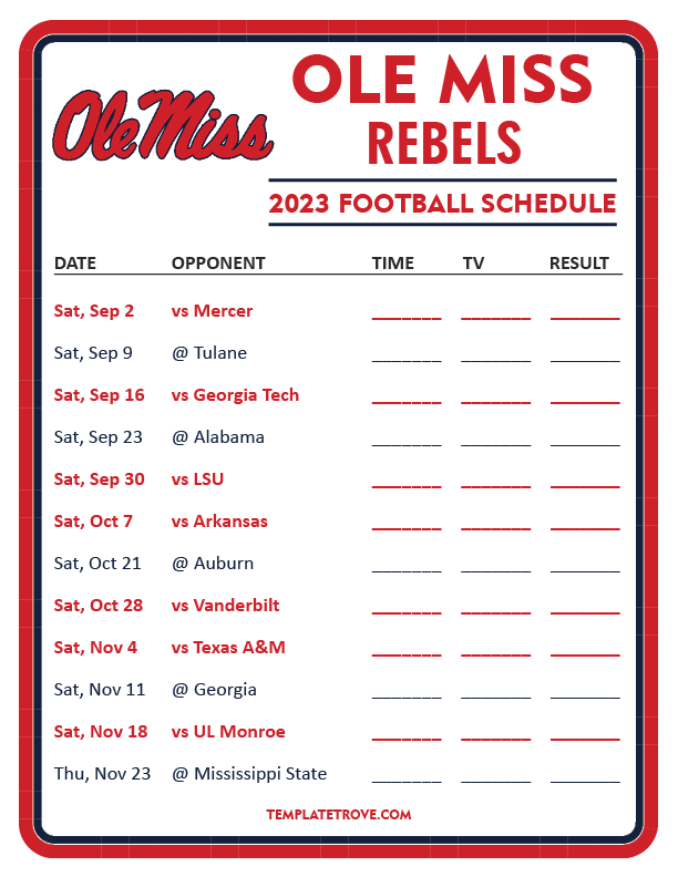 Printable 2023 Ole Miss Rebels Football Schedule