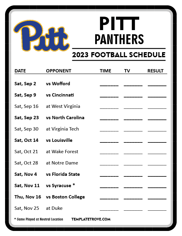 Printable 2023 Pitt Panthers Football Schedule Printable 2023 Pitt Panthers Football Schedule