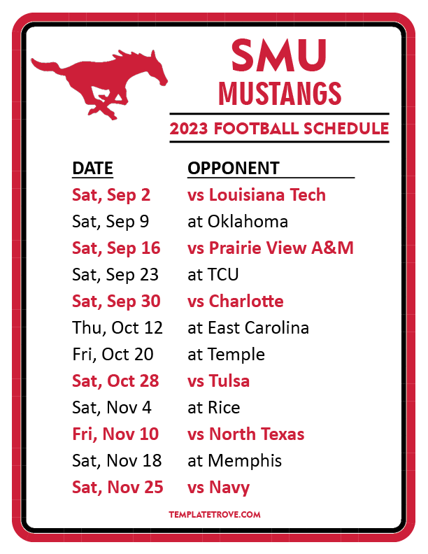 Printable 2023 SMU Mustangs Football Schedule