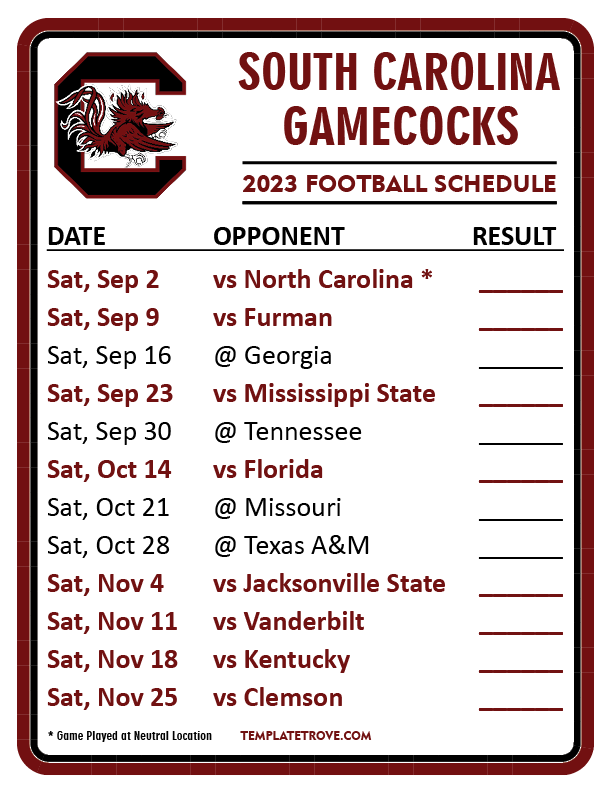 Printable 2023 South Carolina Gamecocks Football Schedule 2 