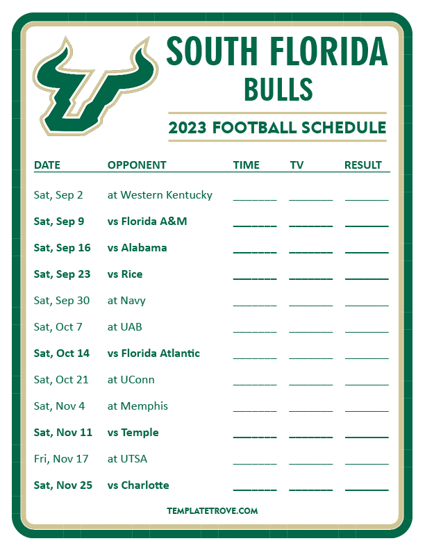 Printable 2023 South Florida Bulls Football Schedule