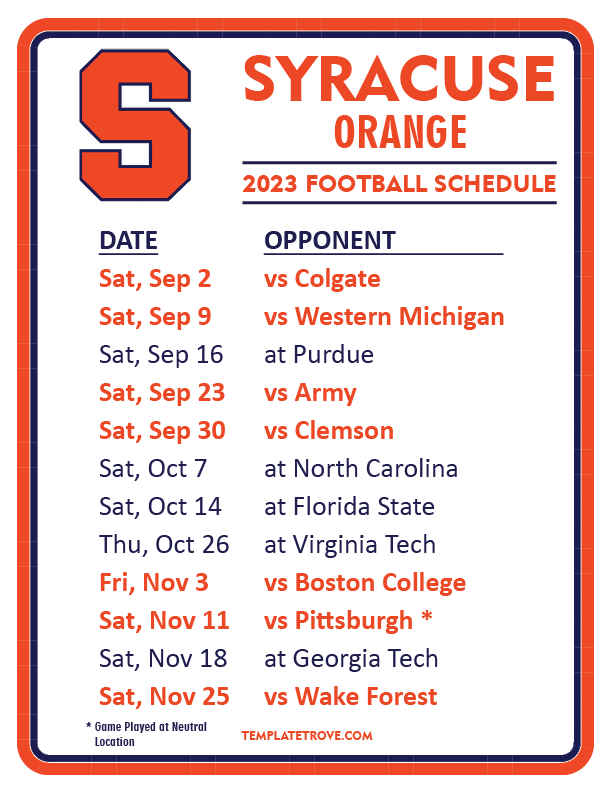 Printable 2023 Syracuse Orange Football Schedule