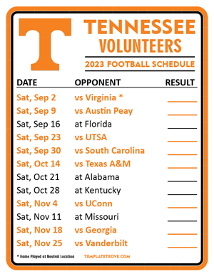 Tennessee Volunteers Football 2023 Printable Schedule  - Style 2