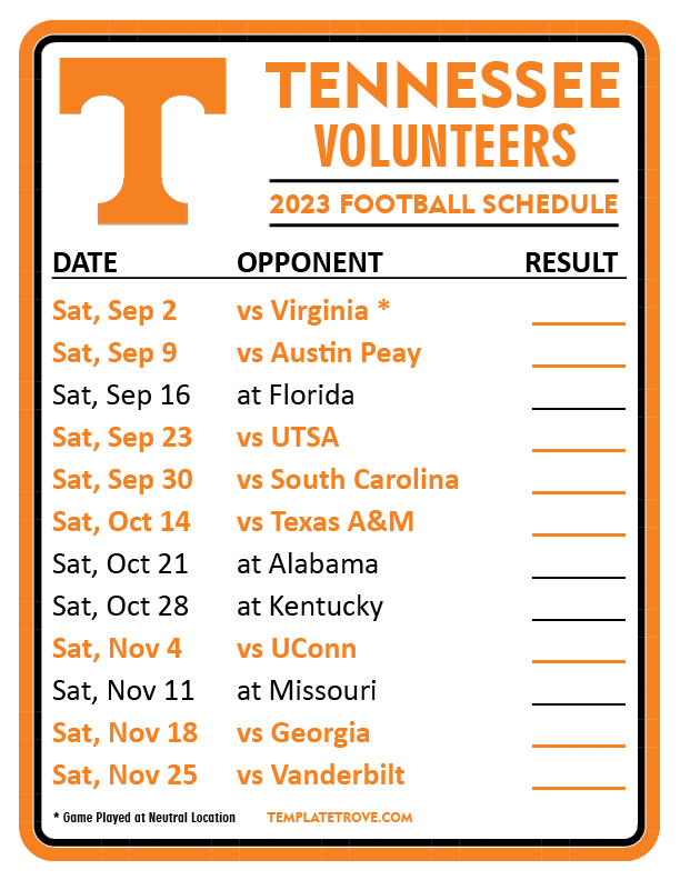 Printable 2023 Tennessee Volunteers Football Schedule