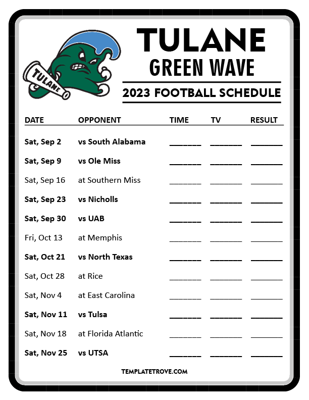 Printable 2023 Tulane Green Wave Football Schedule